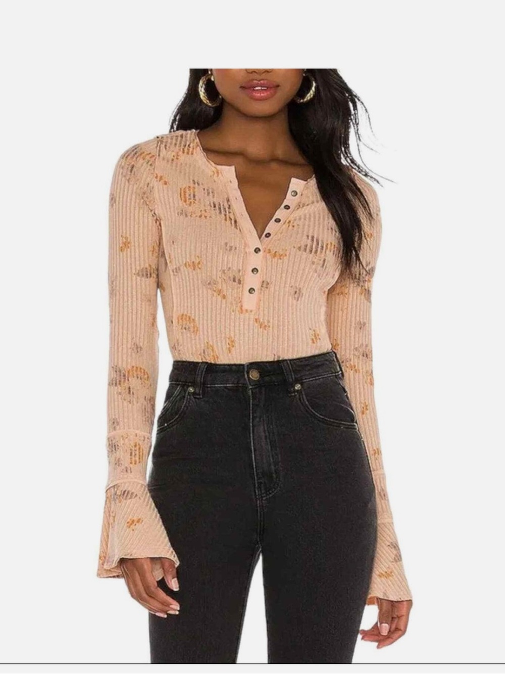 Free People Peach Ribbed Floral Henley